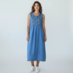 Vintage Denim Prairie Western Farmcore Dress M Maxi Embroidered Cottage Boho